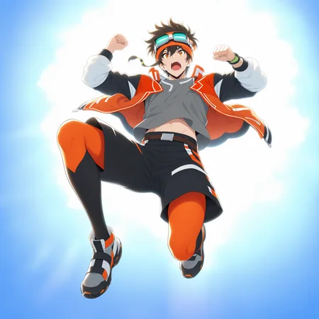 <lora:Sawyer_Tomura:1>,sawyer tomura,1boy,male focus,solo,grey shirt,jacket,shorts,open mouth,shirt,falling,belt,from below,open jacket,open clothes,brown belt,teeth,screaming,shouting,jumping,midriff peek,orange-black-white layered sleeves jacket,orange-black leggings,leggings under shorts,goggles on head,headband,official art,backlighting,sunlight,full body,masterpiece,high score,great score,absurdres,