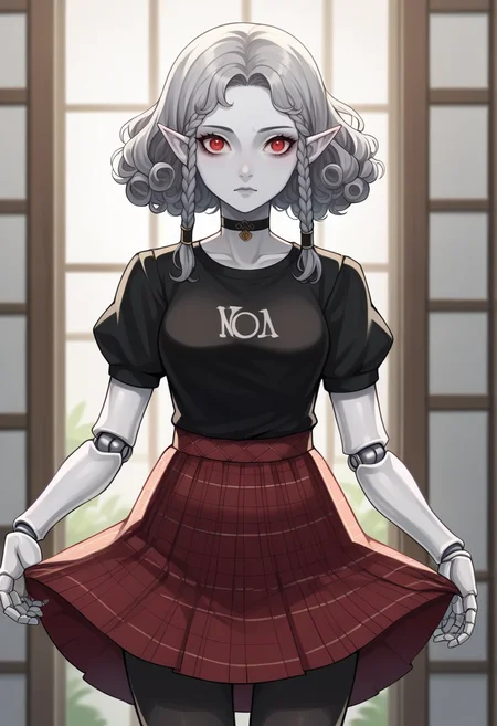 score_9, score_8_up, score_7_up, source_anime BREAK 1girl, solo, <lora:zs_AgratXL:1> agratsmtvv, curly hair, grey hair, twin braids, colored skin, grey skin, red eyes, pointy ears, doll joints, black tshirt, checkered skirt, choker, pantyhose, red skirt