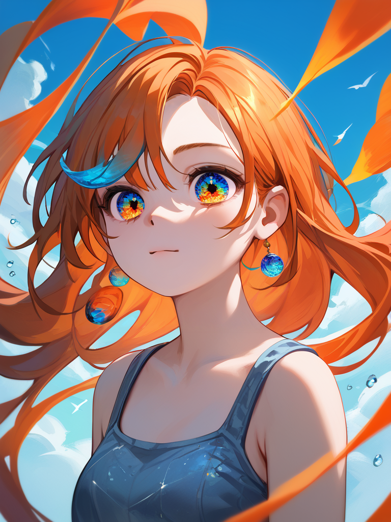PDXL, <lora:OpalEyesV1Pony:1>, opal_eyes, 1girl, cute face, detailed eyes, long orange hair, detailed  eyes, upper body, looking through a fishtank