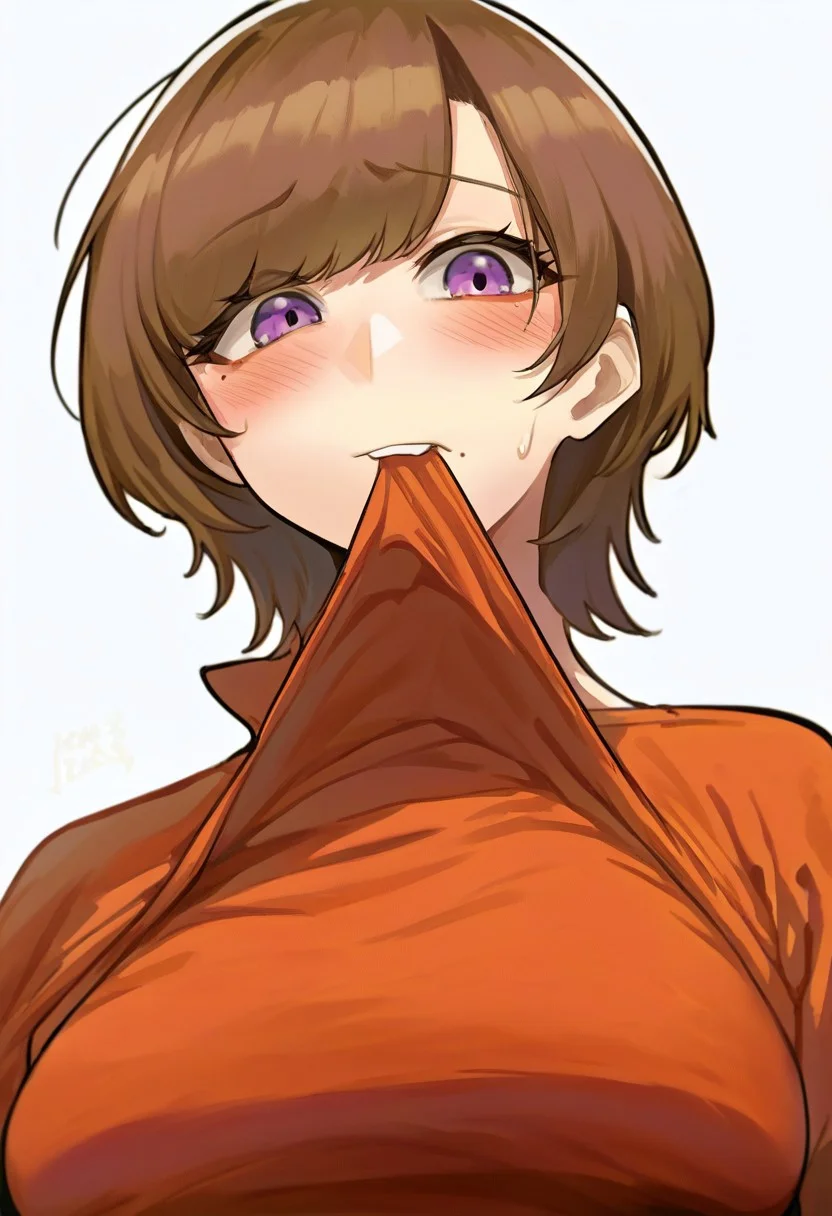 score_9, score_8_up, score_7_up, Mevak_PS, source_anime, hi res, masterpiece, best quality, highres, M_ask, M-ask (IKMRU), 1girl, shirt in mouth, brown hair, mole under eye, purple eyes, mouth hold, blush, white background, clothes in mouth, short hair, clothes lift, simple background, red shirt, lifted by self, sweatdrop, shirt lift, looking at viewer, upper body, breasts, bangs, from below, looking down, zPDXL,  zPDXLxxx