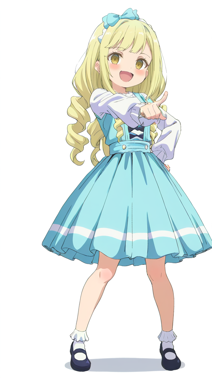 white_background,simple background,1girl,solo,looking_at_viewer,anime screenshot,sincos,<lora:Viena&Fiena_Illustrious_v1:1>,Viena,dress,hair bow,hairband,long sleeves,shoes,full body,smile,open mouth,pointing_at_viewer,front view,, masterpiece, best quality