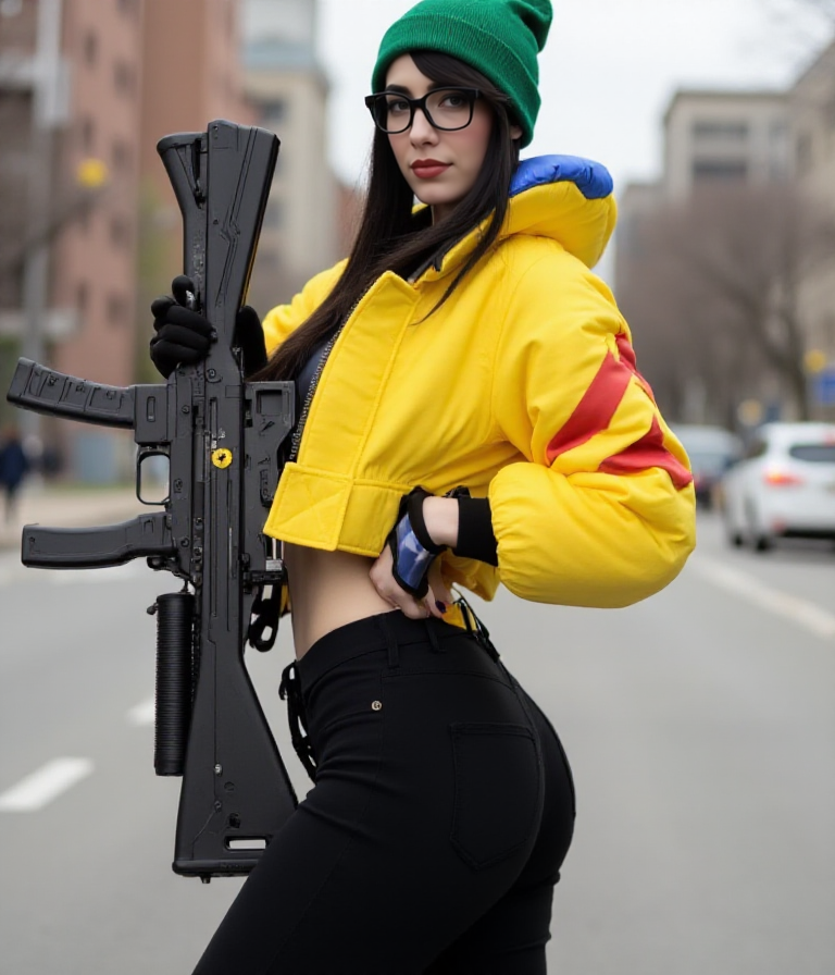 She holds a rifle in the street.  <lora:Killjoy:0.9> killjoy, a woman with a yellow jacket, black glasses, green hat, black pants.