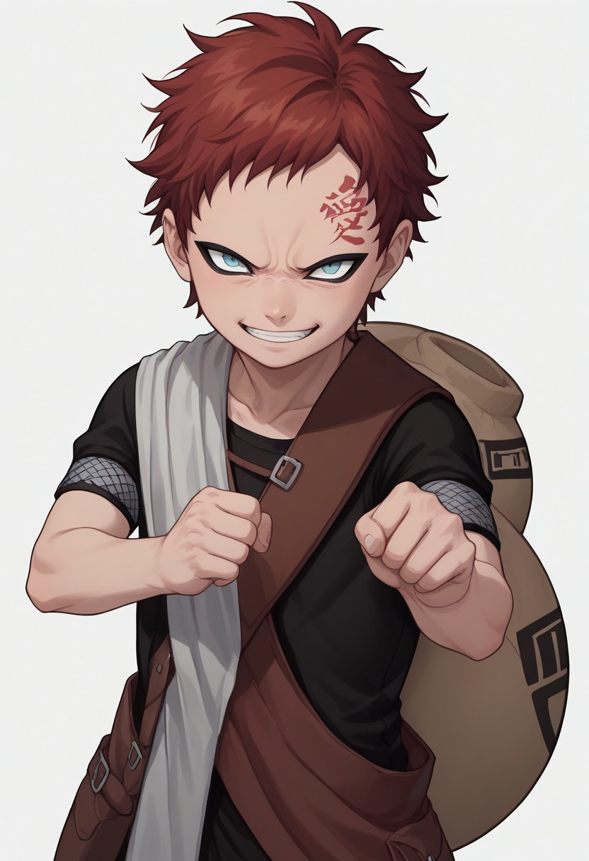 score_9, score_8_up, score_7_up, highly detailed, cute boy, 1boy, solo, young, Gaara, Red Hair, Pale Blue Eyes, Facial Mark , Black Short sleeve shirt, White Cloth Sash, leather strap, gourd, no eyebrows, angry, psychotic smirk, evil smile, fist close up, hand clenched, arm outstretched, white background