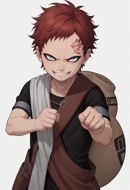 score_9, score_8_up, score_7_up, highly detailed, cute boy, 1boy, solo, young, Gaara, Red Hair, Pale Blue Eyes, Facial Mark , Black Short sleeve shirt, White Cloth Sash, leather strap, gourd, no eyebrows, angry, psychotic smirk, evil smile, fist close up, hand clenched, arm outstretched, white background