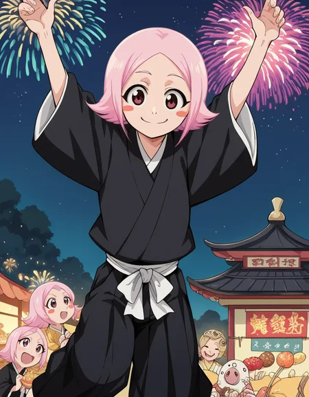 score_9, score_8_up, score_7_up, source_anime, <lora:yachiru-kusajishi-anime-ponyxl-lora-nochekaiser:1>, yachiru kusajishi, short hair, pink hair, pink eyes, blush stickers, forehead,, long sleeves, japanese clothes, hakama, black hakama,, festival, fireworks, summer night, food stall, traditional, arms up,, smile, , elbow bent, hand on thigh, foot pointed, solo,, cowboy shot, dutch angle