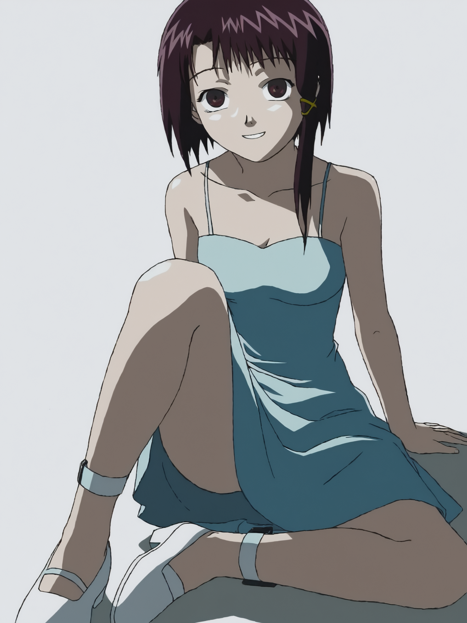 woman, 20 year old woman, adult, score_9, BREAK uncensored, masterpiece, high quality, white background, <lora:Iwakura_Lain_PS_PDXLv0-e50:0.75> 1girl, iwakura lain ps, looking looking at viewer, light blue dress, white footwear with ankle strap, smile