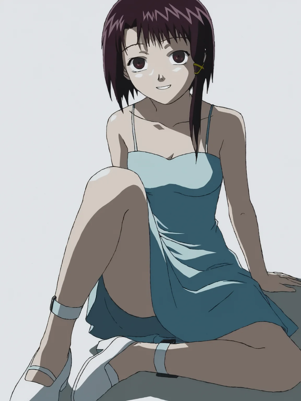 woman, 20 year old woman, adult, score_9, BREAK uncensored, masterpiece, high quality, white background, <lora:Iwakura_Lain_PS_PDXLv0-e50:0.75> 1girl, iwakura lain ps, looking looking at viewer, light blue dress, white footwear with ankle strap, smile