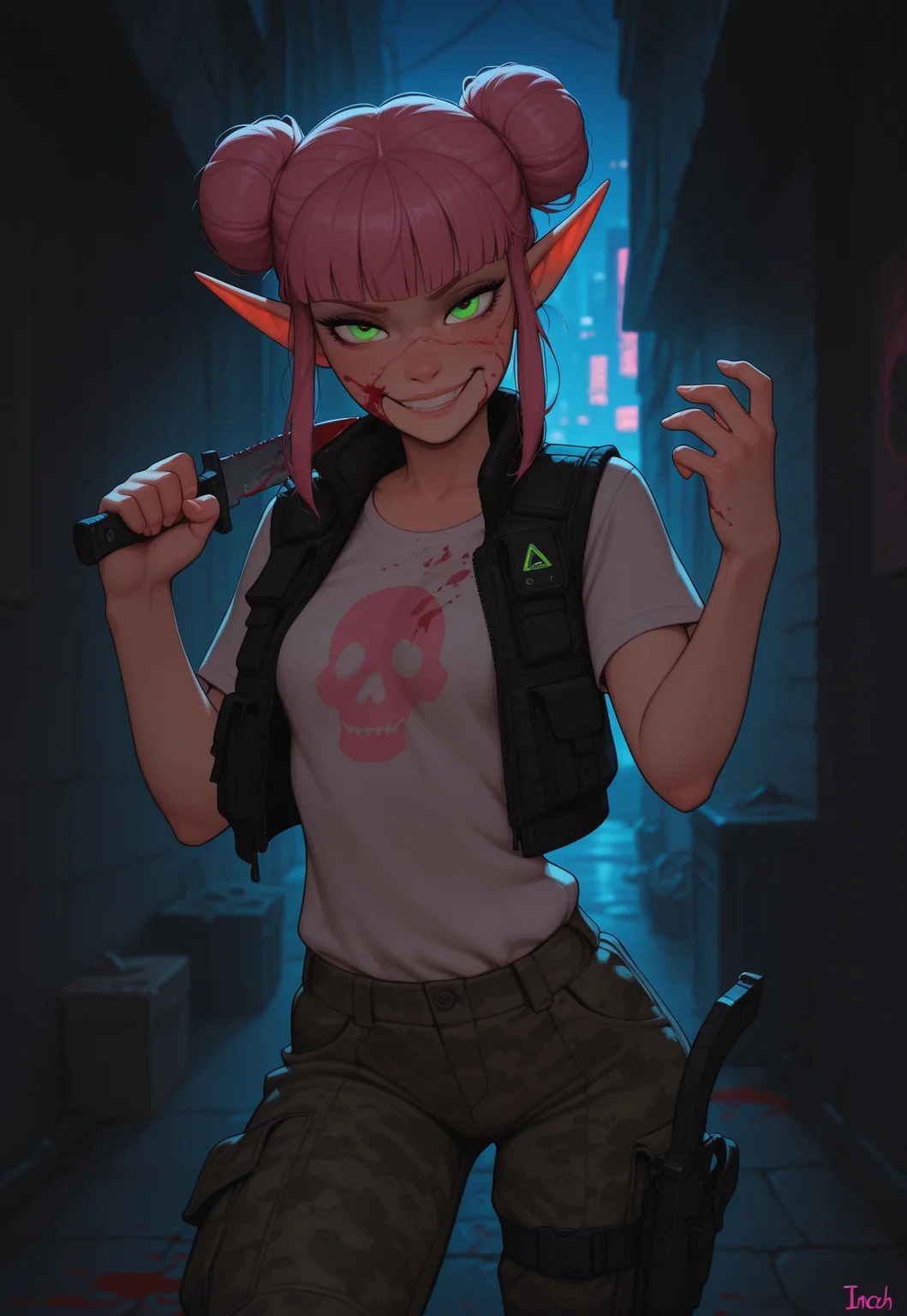 masterpiece, best quality, amazing quality, very aesthetic, DISNEY_ANIMATION, incoth, (incase:0.6), female, solo, (depth of field), outdoors, city, alley, cyberpunk, night time, cowboy shot,
elf, pink hair, green eyes, cute face, slender, small breasts, double buns, blunt bangs, beautiful, kawaii, (small ears), blood on face,
black puff vest, t-shirt with logo, urban camo pants, blood splattered combat knife,
standing, dynamic pose, looking at viewer, fighting pose, evil smile,