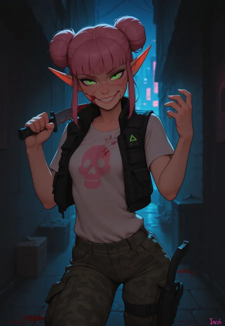 masterpiece, best quality, amazing quality, very aesthetic, DISNEY_ANIMATION, incoth, (incase:0.6), female, solo, (depth of field), outdoors, city, alley, cyberpunk, night time, cowboy shot,
elf, pink hair, green eyes, cute face, slender, small breasts, double buns, blunt bangs, beautiful, kawaii, (small ears), blood on face,
black puff vest, t-shirt with logo, urban camo pants, blood splattered combat knife,
standing, dynamic pose, looking at viewer, fighting pose, evil smile,