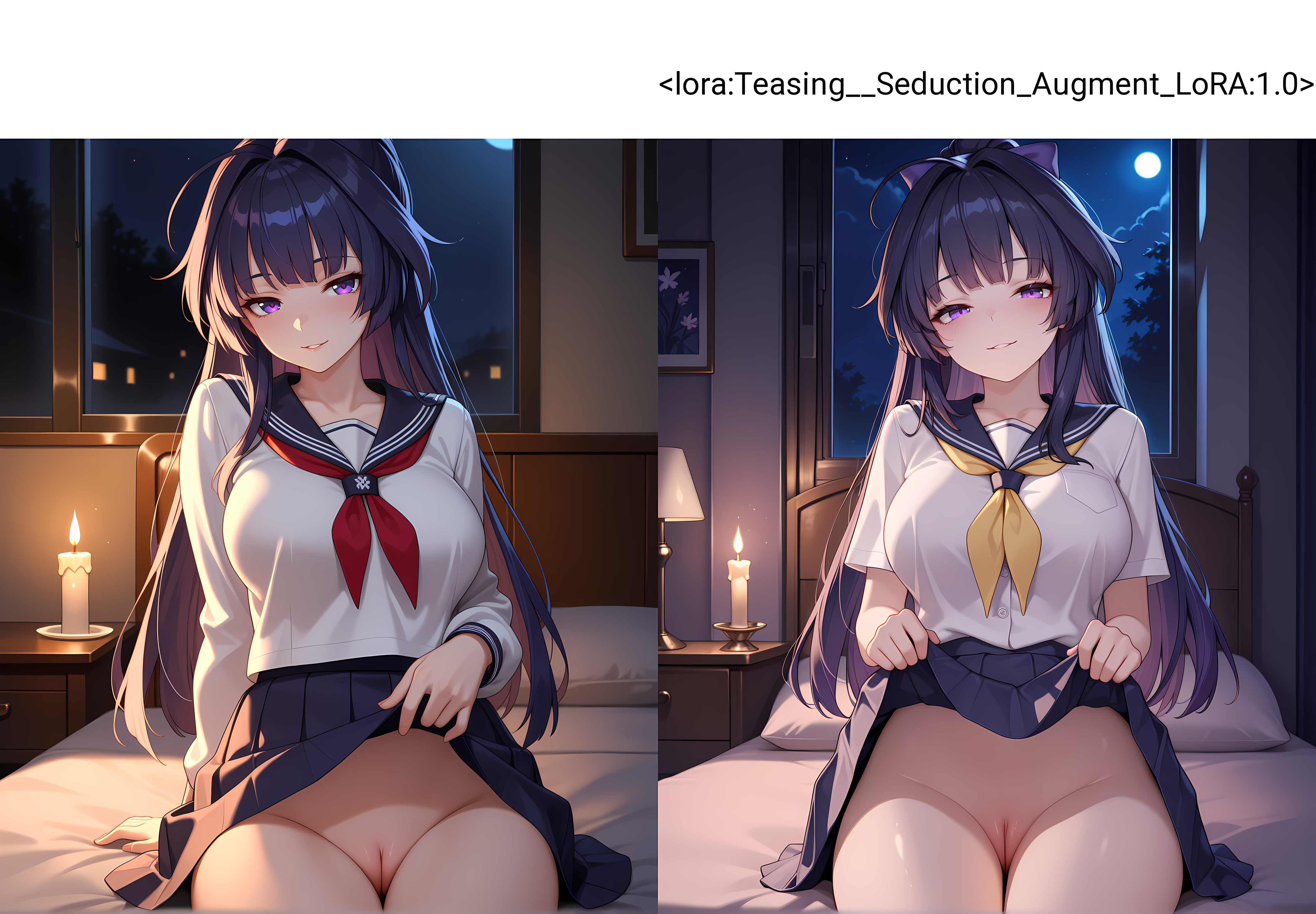 ,looking at viewer,solo,raiden mei,seductive smile,parted lips,night,candlelight,bedroom,cowboy shot,sitting,school uniform,no panties,uncensored,, masterpiece,best quality,amazing quality, very aesthetic, absurdres,detailed eyes,ultra-detailed,