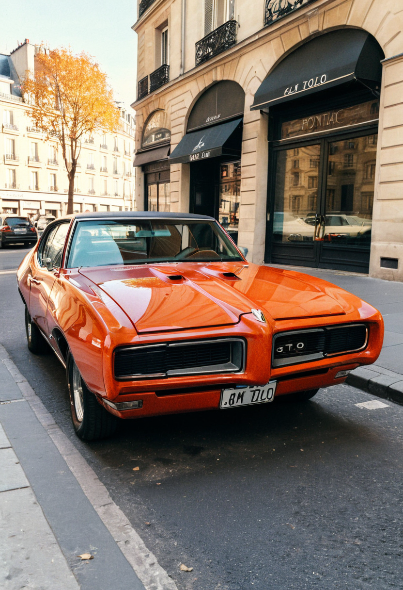 ClassicMuscleCar, orange Pontiac GTO, front view, sunny, Paris street, 4K, highly detailed, (stylish grainy analog 35mm film photo)
