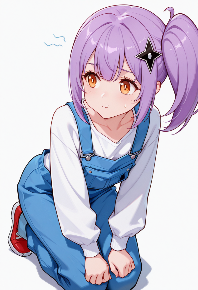 masterpiece,high quality details, absurdres,
 <lora:Satoko_Kusagakure:0.9>
satoko_cnr, 1girl, purple hair, long hair, side ponytail,orange eyes,hair ornament,sidelocks,enh_cnr,
satoko_s2, collarbone,overalls,white shirt, long sleeves, pants, red footwear, shoes,, simple background, white background, front view,solo,, scared,sulking,, :t,
