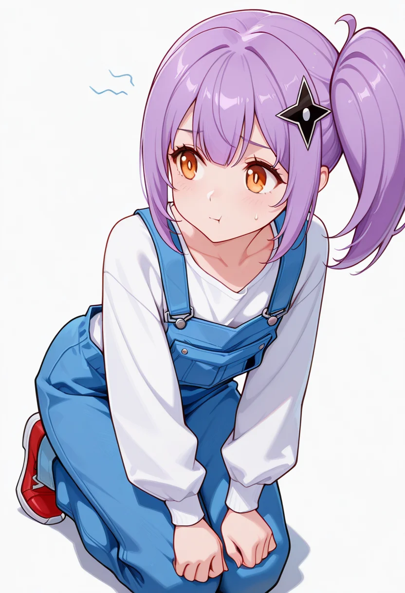masterpiece,high quality details, absurdres,
 <lora:Satoko_Kusagakure:0.9>
satoko_cnr, 1girl, purple hair, long hair, side ponytail,orange eyes,hair ornament,sidelocks,enh_cnr,
satoko_s2, collarbone,overalls,white shirt, long sleeves, pants, red footwear, shoes,, simple background, white background, front view,solo,, scared,sulking,, :t,