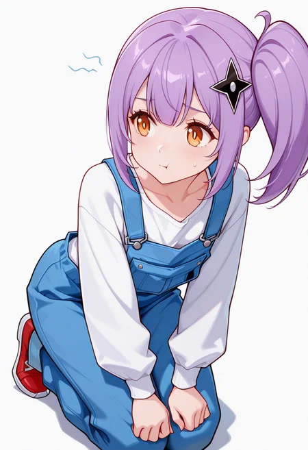 masterpiece,high quality details, absurdres,
<lora:Satoko_Kusagakure:0.9>
satoko_cnr, 1girl, purple hair, long hair, side ponytail,orange eyes,hair ornament,sidelocks,enh_cnr,
satoko_s2, collarbone,overalls,white shirt, long sleeves, pants, red footwear, shoes,, simple background, white background, front view,solo,, scared,sulking,, :t,