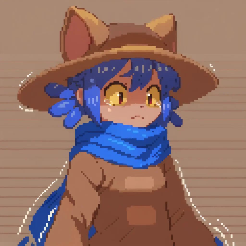 score_9,score_8_up,score_7_up,perfect anatomy,source_anime,zPDXL2,<lora:sakuemonq:0.8>,
<lora:niko:1>,cniko,blue hair,short hair,hair between eyes,whiskers,cat hat,yellow sclera,brown eyes,slit pupils,blue scarf,brown dress,<lora:Papers_Please_style:0.8>,papersplease,pixel art,portrait,simple background,looking down,panicking,scared,trembling,shaking,motion lines,tearing up,