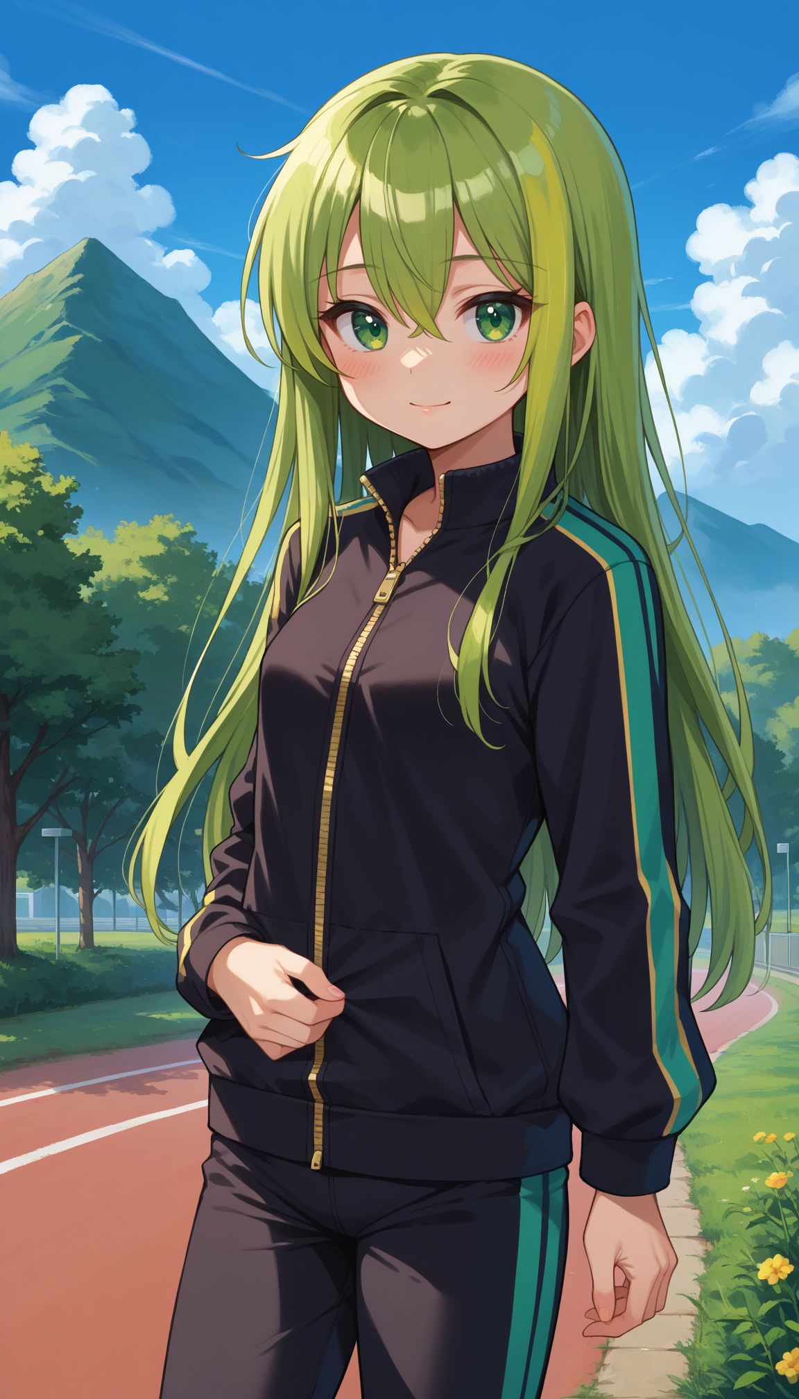 score_9, score_8_up, score_7_up, score_6_up, , solo, 20yo woman, (Beuty:1.1) , (cute:1.3), ,perfecteyes , seductive smile,perfect,  
,<lora:alina_gray:0.8> ,
1girl, bangs, black jacket, blue sky, blush, breasts, building, bush, cloud, cloudy sky, cowboy shot, day, eyebrows visible through hair, grass, green eyes, green hair, hair between eyes, jacket, long hair, long sleeves, looking at viewer, mountain, outdoors, pants, park, road, sky, small breasts, solo, sportswear, standing, track suit, tree, zipper pull tab