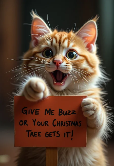 A cute cat, with an over the top shocked facial expression, holding a sign it says "Give Me Your Buzz Or Your Christmas Tree Gets It!", realistic, cinematic shot, head tilted back, large eyes, pointing at the viewer,