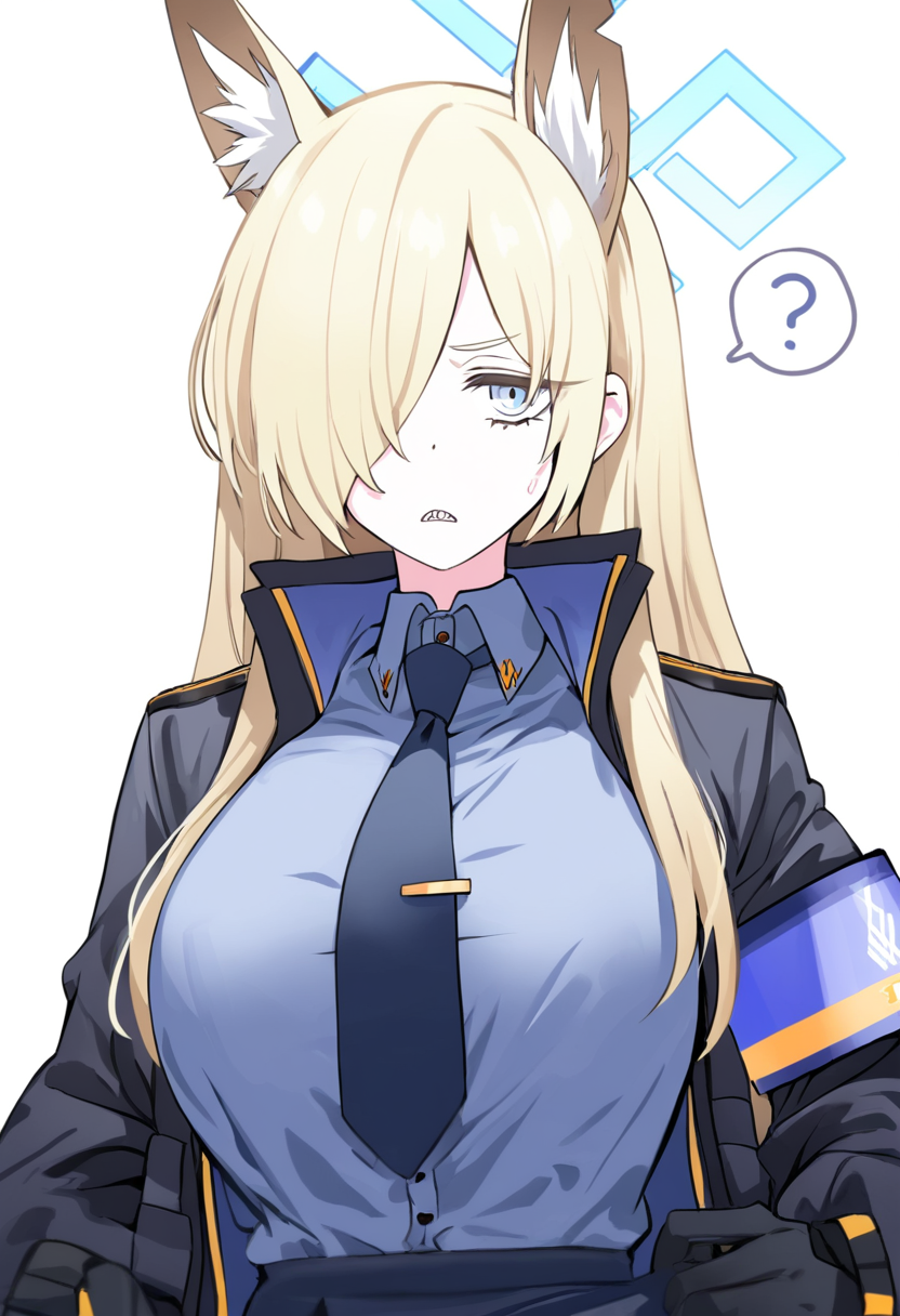 blue archive, kanna \(blue archive\), 1girl, ?, animal ear fluff, animal ears, armband, black gloves, black jacket, blonde hair, blue armband, blue eyes, blue halo, blue necktie, blue shirt, breasts, gloves, hair over one eye, halo, jacket, large breasts, long bangs, long hair, looking at viewer, necktie, shirt, simple background, solo, spoken question mark, upper body, white background, masterpiece, best quality, good quality