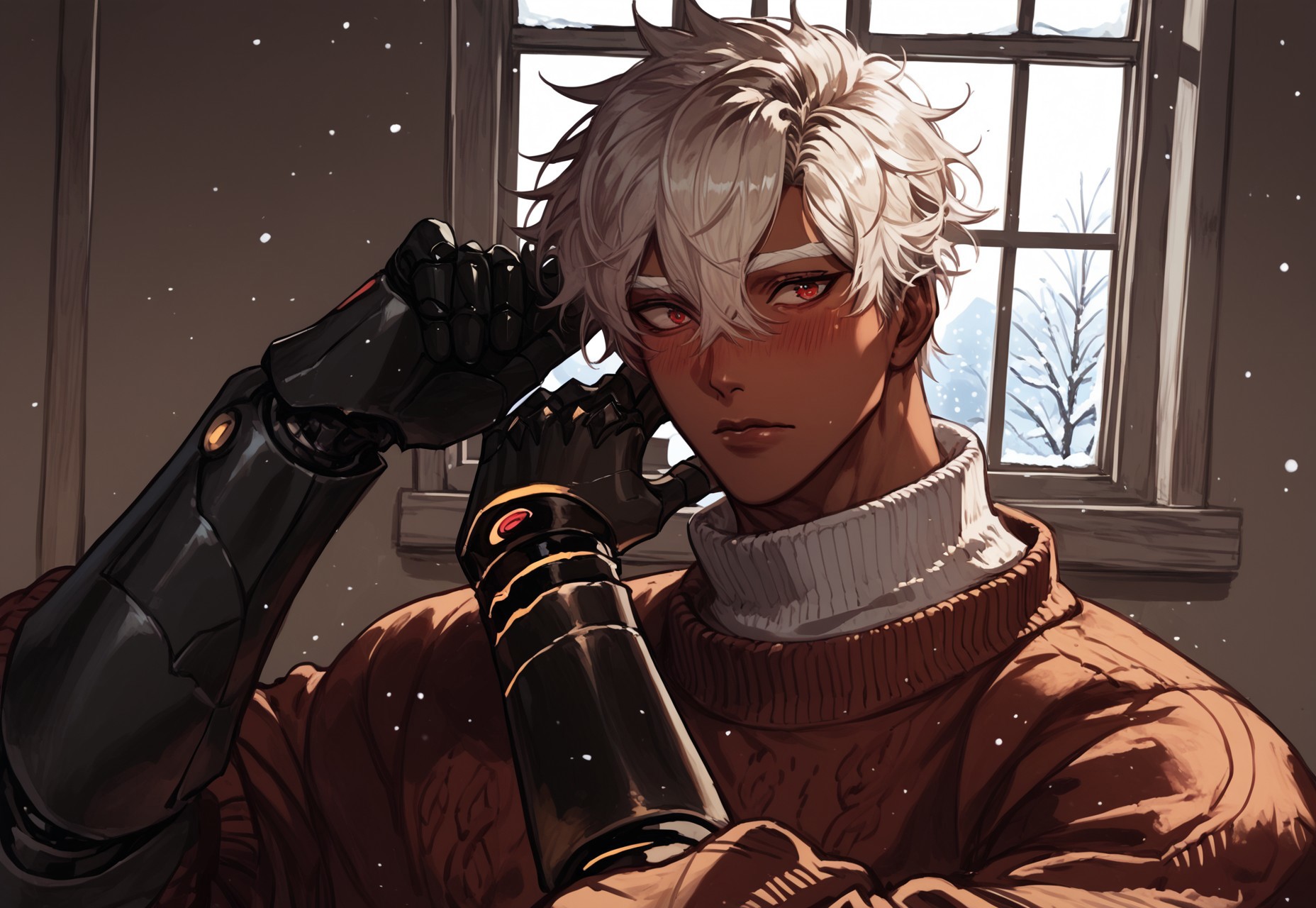 score_9, score_8_up, score_7_up, anime, best quality, brown skin, 1male, white blond eyebrows, bonde hair, styled hair, short hair, white blonde hair, hair between eyes, red eyes, brown skin, handsome, Roman nose, toned, Avii,
,
,
Android, robotic neck, robotic neck, robotic arms, black robotic parts,
,
,
dynamic pose, expressive, dynamic angle, 
,
,
indoors, comfy, sweater, oversized clothes, window, looking at the viewer, close up, pov, pleading look, blush, worried, from very close, winter, lips half-open