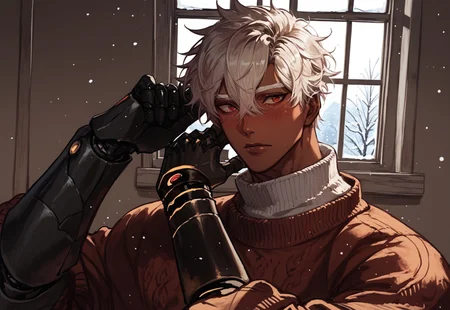 score_9, score_8_up, score_7_up, anime, best quality, brown skin, 1male, white blond eyebrows, bonde hair, styled hair, short hair, white blonde hair, hair between eyes, red eyes, brown skin, handsome, Roman nose, toned, Avii,
,
,
Android, robotic neck, robotic neck, robotic arms, black robotic parts,
,
,
dynamic pose, expressive, dynamic angle,
,
,
indoors, comfy, sweater, oversized clothes, window, looking at the viewer, close up, pov, pleading look, blush, worried, from very close, winter, lips half-open