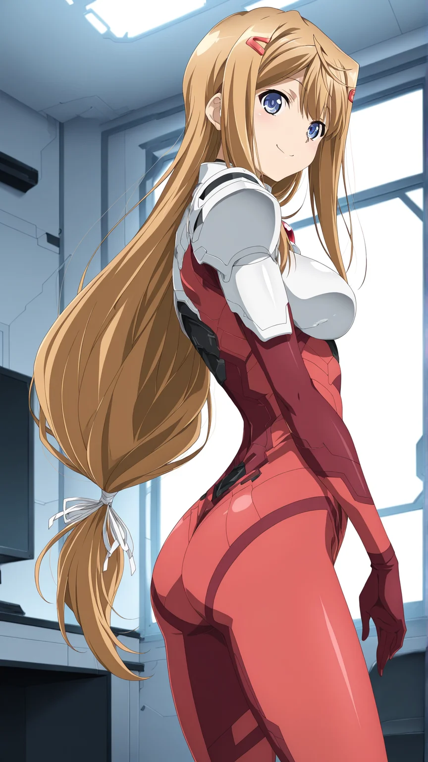 masterpiece, best quality, anime coloring, room,science fiction, 
1girl,solo,smile, 
  <lora:Akao-Hiiragi_lL_v01:1> akao-hiiragi, red bodysuit, low-tied long hair, white shoulder armor