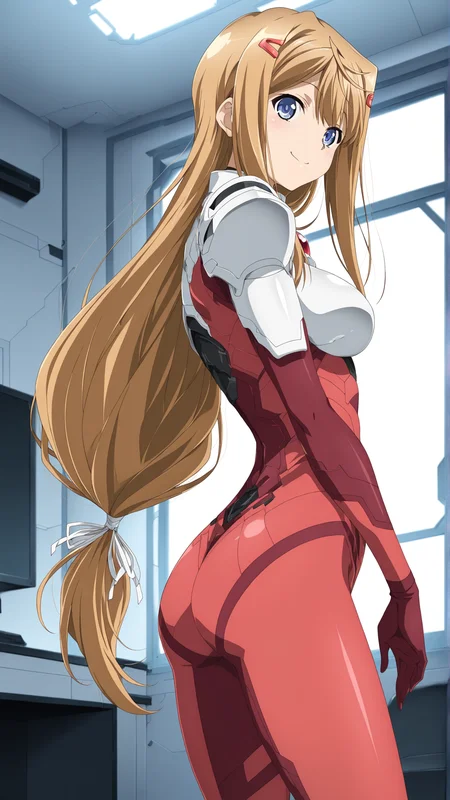 masterpiece, best quality, anime coloring, room,science fiction,
1girl,solo,smile,
<lora:Akao-Hiiragi_lL_v01:1> akao-hiiragi, red bodysuit, low-tied long hair, white shoulder armor