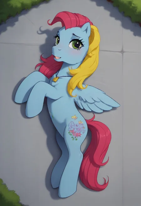 score_9, score_8_up, score_7_up, score_6_up, score_5_up, score_4_up, detailed background
outdoors, city park
Thistle Whistle mlp, feral, pegasus, multicolored hair, slim, seductive, break.
looking at viewer, upper angle view, lying on back, sexy pose, lying on ground