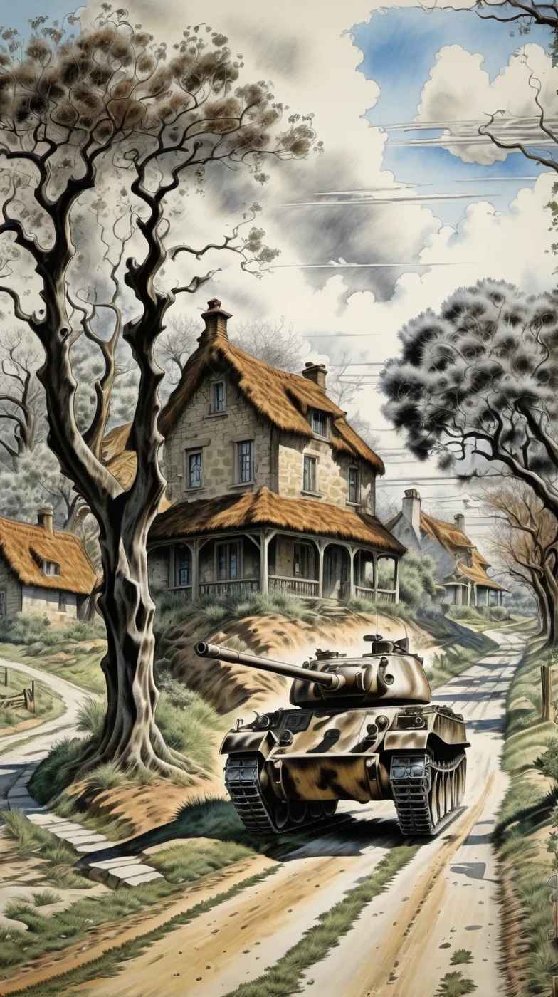 A tank drives down a country road, old crooked trees in an orchard and cottages, by milo manara . Surrealist, biomechanical, airbrush, dark, "Impressionist . Professional, modern, product-focused, commercial, eye-catching, highly detailed, black ink <lora:corcoc1s:0.8>