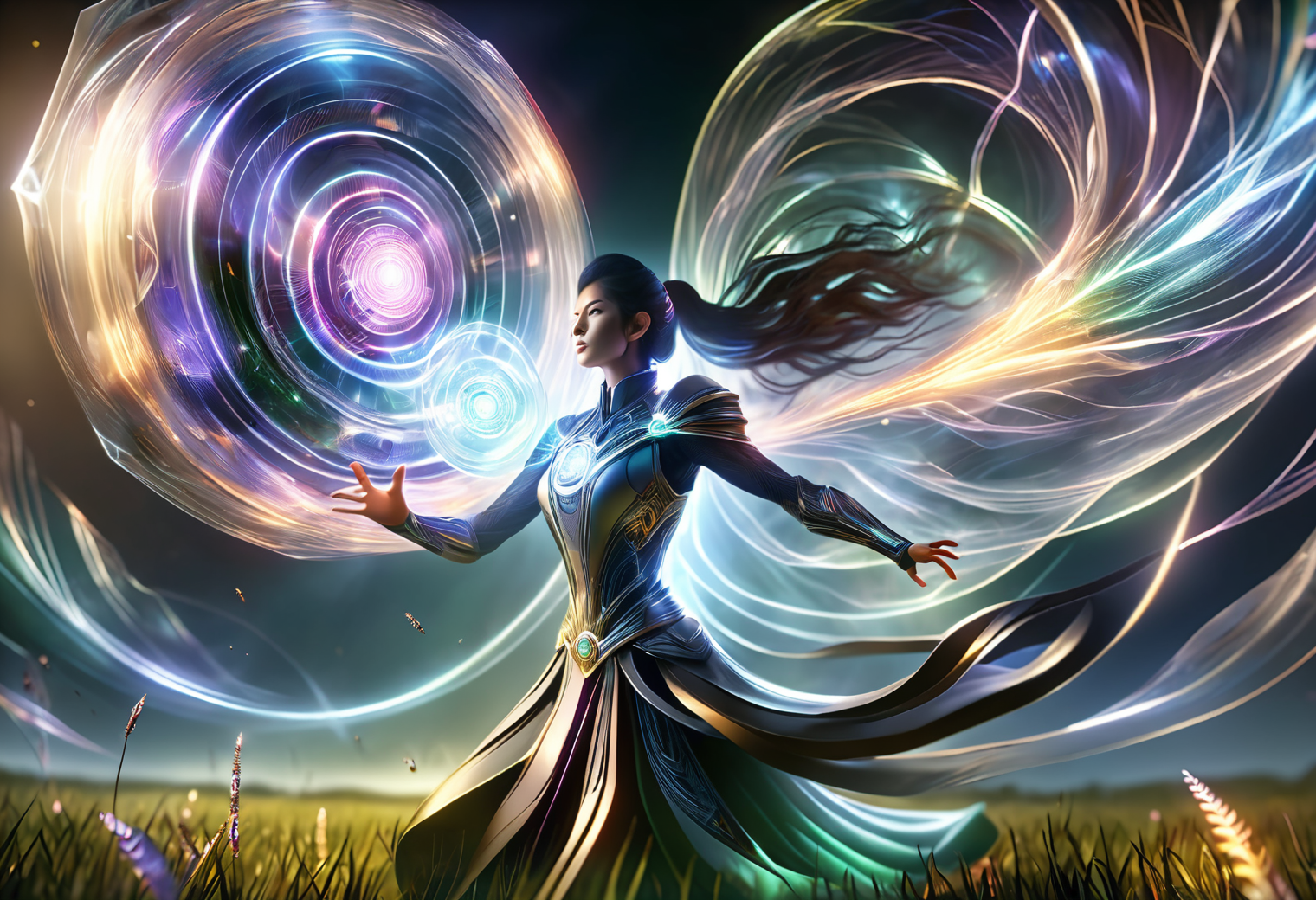 hyper detailed masterpiece, dynamic, awesome quality,female caster casting  visible shimmering field of energy, transparent vibrating shield, distorts the air around it, capable of repelling or attracting with significant power, often accompanied by a low resonant hum DonMM4g1cXL <lora:DonMM4g1cXL_v1.2:1>