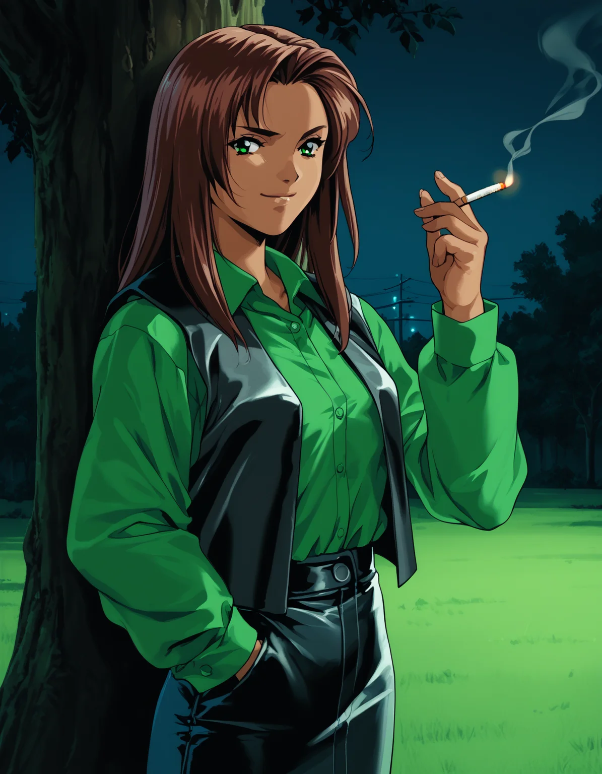 score_9, score_8_up, score_7_up, <lora:shuusaku-v2-ponyxl-000016:0.9> moeko, dark-skinned female, leather vest, green shirt, navel, leather skirt
1girl, solo, smirk, against tree, grass, holding cigarette, lighting cigarette, night, upper body