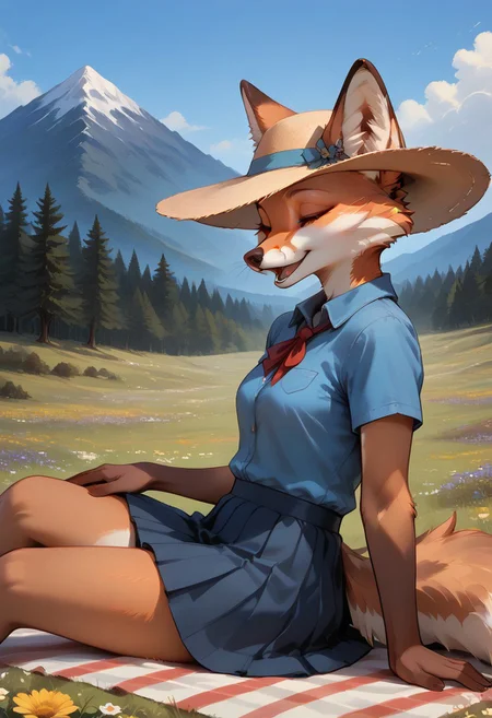 score_9, score_8_up, score_7_up, easynegative, EyesHD, realistic style, detailed face, 1girl, Lyssa, fox girl, (anthro fox girl: 1.2), sitting on a pillow, on a picnic blanket, on top of a hill, mountains in distance, wind, gentle clouds, flowers, bird in distance, outdoors, leaning back, close up, from side, from front, skirt, hat, blue shirt, laughing, eyes closed, mouth open, hand up,