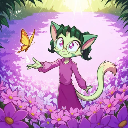 Dreamkeepers,1girl,prelude_lilith,solo,furry,tail,green hair, source_furry,glasses,magenta eyes,
child, kid,
butterfly, reaching out, outdoors, spring, flowers, smiling, gentle breeze, warm colors, soft shading, dreamy, nature, stands in a flower-filled meadow, reaching out with both hands to gently catch a butterfly. Her expression is full of wonder as the tiny creature flutters just beyond her grasp, bathed in soft sunlight
