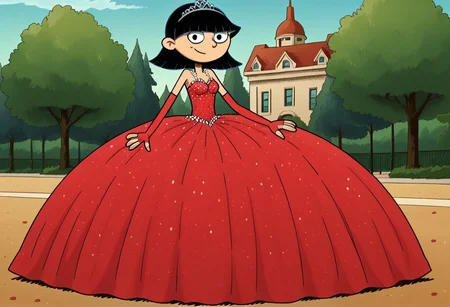 score_9_up,score_8_up,score_7_up,score_6_up,score_5_up,score_4_up BREAK rhonda,black hair, black eyes, bob cut, blunt bangs, Very large red floor length gown, ball gown, rhimestones. She is also wearing a tiara, hoop skirt, dome shape skirt, quinceanera, prom, pageant, long elbow length red fingerless Satin bridal gloves, contrapposto, hand on own hip, park, tree, building,smile,arm at side, leaning to the side, dutch angle, looking at viewer, <lora:RhondaPony:1>