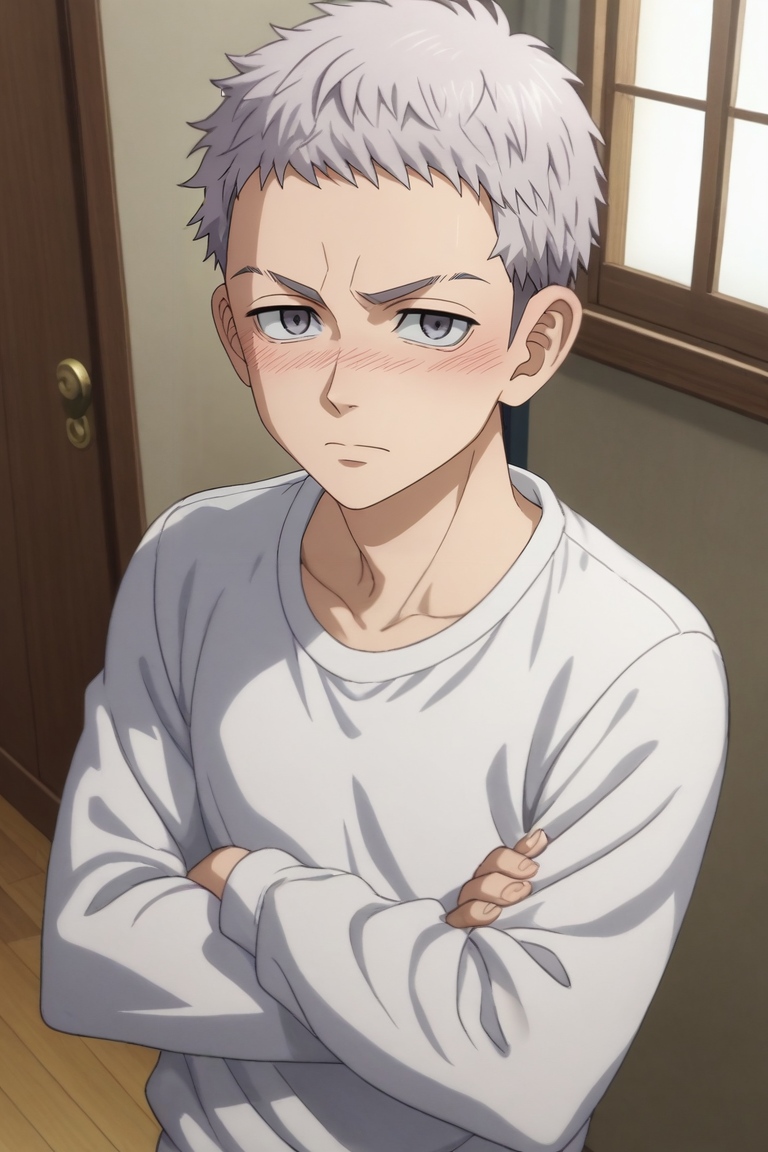 score_9, score_8_up, score_7_up, source_anime, rating_safe, , anime screencap, , , , , 1boy, solo, male focus, <lora:takashi_mitsuya_pony:0.8>, takashi_mitsuya, grey hair, grey eyes, short hair, from above, bedroom, (plush), day, crossed arms, shy, blush, , <lora:sdxl_lightning_8step_lora:1>