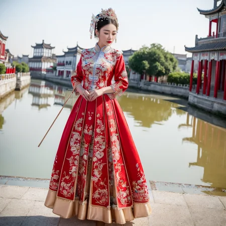 (8k, RAW photo, best quality, masterpiece:1.2), (realistic, photo-realistic:1.4), ultra-detailed, (Internet celebrity beauty),perfect detail , make up,(full body shot),China Jiangnan water town style, (cloud),zshs, a red and white dress with a red hat and gloves,<lora:zshs-10:0.8>