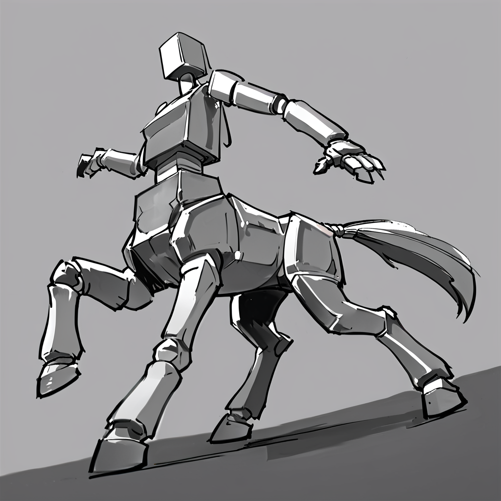 Pencil Sketch Drawing, score_9, score_8_up, score_7_up, score_6_up, score_5_up, score_4_up, source_anime, quadruped, a cute centaur girl, monochrome, greyscale, no humans, robot, mecha, ((centaur robot)), dynamic pose, flat color, sketch, black and white drawing, graphite drawing, score_9, score_8_up, score_7_up, score_6_up, score_5_up, score_4_up, source_pony,BoxPerson, monochrome, greyscale, no humans, robot, mecha, centaur robot, dynamic pose, flat color, sketch, cinematic, detailed, sharp detail,  <lora:BoxPerson:0.7>,  (breasts), <lora:Centaur_ponyxl_keyword:0.7>, graceful,  dynamic angle, extreme perspective,  <lora:[GP]Yaya hiyayaka style [Pony XL]:0.5>, Yaya Artstyle,  <lora:Yaya_Artstyle:0.5>, movement,  dynamic angle, foreshortening, dynamic pose, back view,  <lora:DynamicPoseXL_alpha1.0_rank4_noxattn_100steps:2>