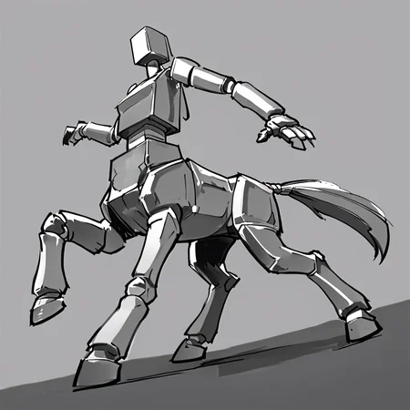Pencil Sketch Drawing, score_9, score_8_up, score_7_up, score_6_up, score_5_up, score_4_up, source_anime, quadruped, a cute centaur girl, monochrome, greyscale, no humans, robot, mecha, ((centaur robot)), dynamic pose, flat color, sketch, black and white drawing, graphite drawing, score_9, score_8_up, score_7_up, score_6_up, score_5_up, score_4_up, source_pony,BoxPerson, monochrome, greyscale, no humans, robot, mecha, centaur robot, dynamic pose, flat color, sketch, cinematic, detailed, sharp detail,  <lora:BoxPerson:0.7>,  (breasts), <lora:Centaur_ponyxl_keyword:0.7>, graceful,  dynamic angle, extreme perspective,  <lora:[GP]Yaya hiyayaka style [Pony XL]:0.5>, Yaya Artstyle,  <lora:Yaya_Artstyle:0.5>, movement,  dynamic angle, foreshortening, dynamic pose, back view,  <lora:DynamicPoseXL_alpha1.0_rank4_noxattn_100steps:2>