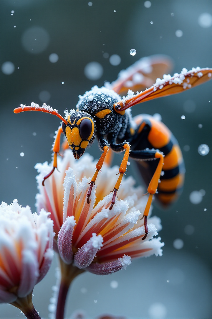 Capture a dramatic macro photograph of a giant Asian wasp perched on a frosty flower during a snowfall. The waspâs robust body is covered in a dusting of fine snowflakes and shimmering ice crystals, accentuating the rich orange and black patterns on its exoskeleton. Its powerful wings are partially frozen, catching the diffused, cool light and reflecting subtle highlights, while the textured details of its antennae and segmented legs gripping the icy flower are vividly rendered. Snowflakes are captured mid-air, some tumbling and others settled on the wasp and flower, adding a dynamic energy to the scene.
The frosty flower, with hints of its vibrant color peeking through a delicate layer of ice, provides an intricate backdrop, showcasing veins and textures illuminated by soft lighting. The background fades into blurred tones of muted whites and pale blues, evoking a calm and cold winter atmosphere. The lighting is natural and diffused, highlighting the frosty textures and creating subtle contrasts on the waspâs bold patterns. This composition emphasizes the waspâs formidable presence against the serene yet harsh beauty of a snow-covered environment, blending intricate detail with dramatic stillness.<lora:Sinfully_Stylish_.02_for_FLUX:1>âââ