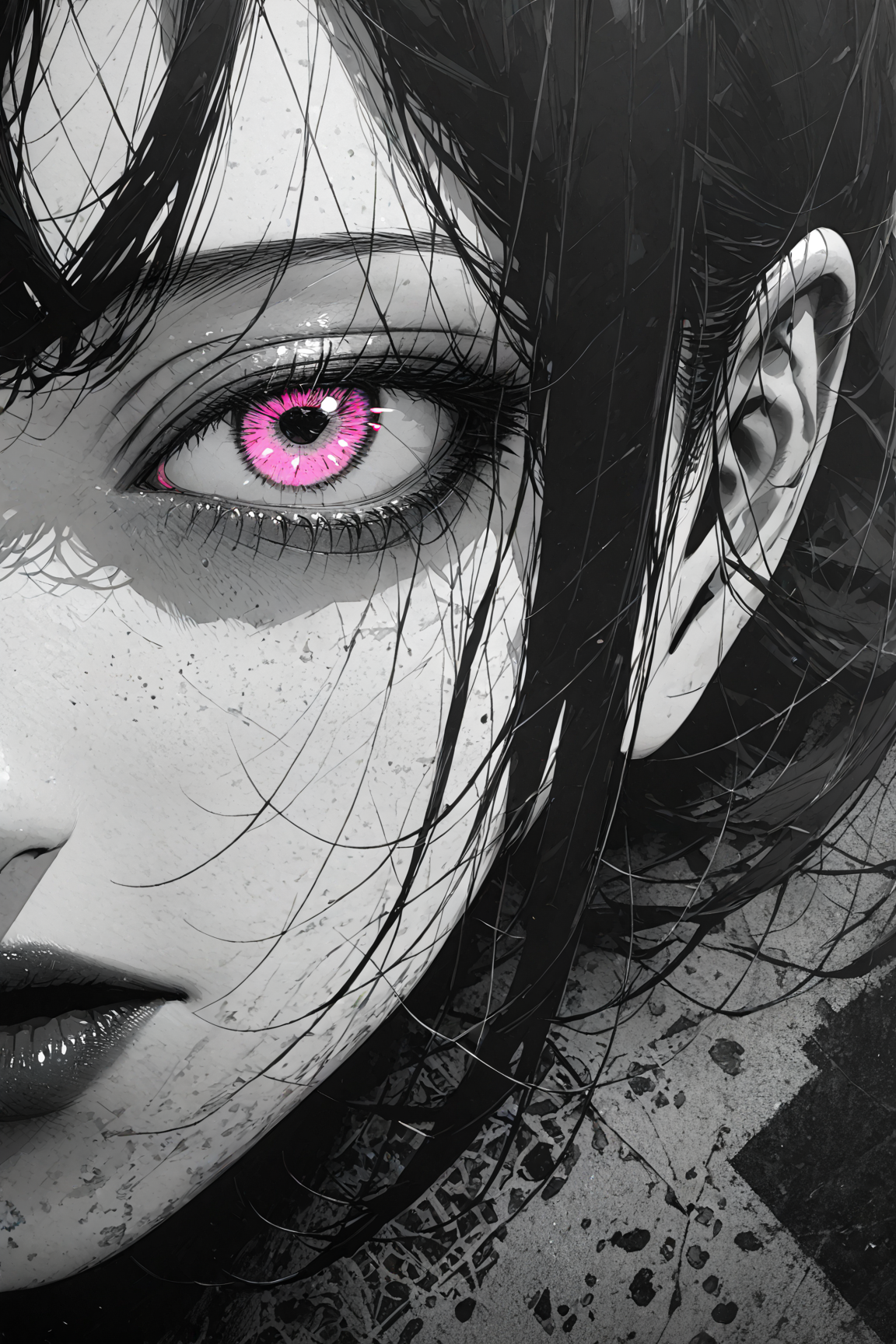 (anime, masterpiece, intricate:1.3), (best quality, hires textures, high detail:1.2), (4k),(incredibly detailed:1.4), 1girl, portrait, half of the face,  <lora:Gesundheit:1> manga monochrome, wb, pink eye,  black hair, <lora:GRIM_v1:0.8> greyscale, monochrome, limited palette, horror (theme),  <lora:perfect-eyes:0.8> perfecteyes, dark lettering, blots, neon,  <lora:Expressive_H:0.8> Expressiveh,  <lora:add-detail-xl:1> all