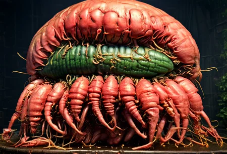 A cinematic photograph of a watermelon made of poly acrylic in the shape of a five headed morbidly obese woman, having sex with a yellow crayfish, in the style of Raphael, Movie Still, Film Still, Cinematic, Cinematic Shot, Cinematic Lighting, JuggernautNegative, biopunkai, Disgusting, Globby, Goo, Yucky, Icky