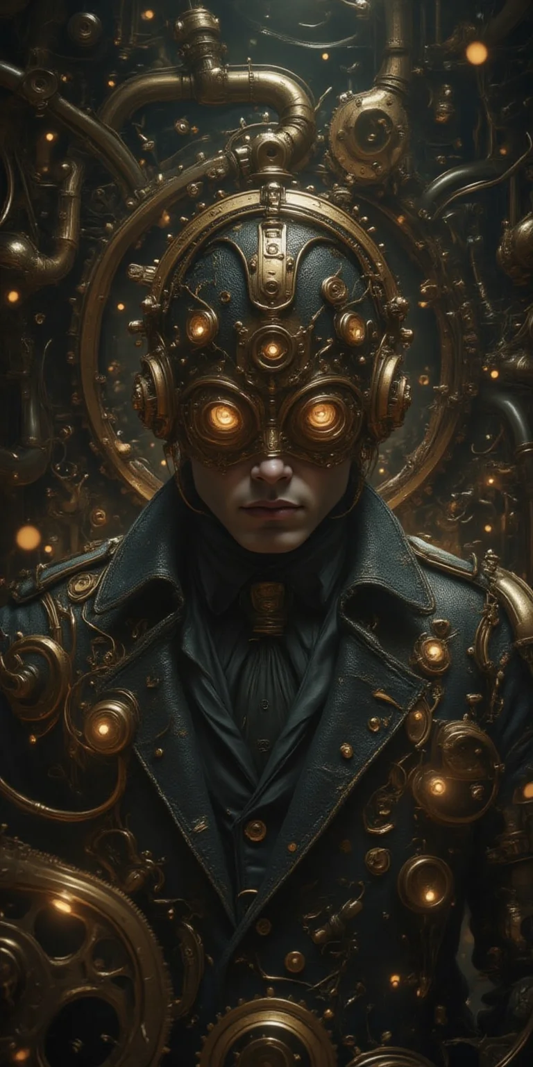 A close-up shot of a steampunk detective's determined face, eyes narrowed as he navigates a labyrinthine network of pulsing pneumatic tubes and whirring gearwheels. The air is thick with the scent of oil and metal as he pursues a cunning clockwork thief through the maze, his trenchcoat fluttering behind him like a dark wing. Flashing lights from the machinery cast an otherworldly glow on the detective's sharp jawline and piercing eyes, as he dashes between rows of hissing pipes and ticking clockwork mechanisms.this image is a masterpiece of photo digital art, perfect for a themed phone wallpaper.
masterpiece,best quality,official art, extremely detailed 8k wallpaper,absurdres,8k resolution.Midjourney art v2