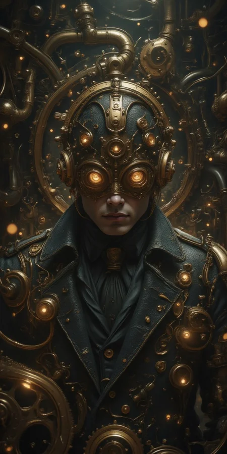 A close-up shot of a steampunk detective's determined face, eyes narrowed as he navigates a labyrinthine network of pulsing pneumatic tubes and whirring gearwheels. The air is thick with the scent of oil and metal as he pursues a cunning clockwork thief through the maze, his trenchcoat fluttering behind him like a dark wing. Flashing lights from the machinery cast an otherworldly glow on the detective's sharp jawline and piercing eyes, as he dashes between rows of hissing pipes and ticking clockwork mechanisms.this image is a masterpiece of photo digital art, perfect for a themed phone wallpaper.
masterpiece,best quality,official art, extremely detailed 8k wallpaper,absurdres,8k resolution.Midjourney art v2