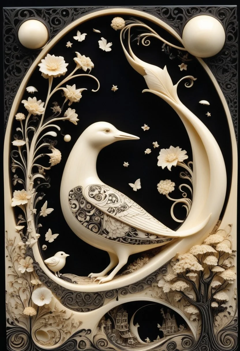 imagine the following: whimsical, magical, dreamy, cute, joyful, dynamic creation, made out of, ebony, ivory, scrimshaw, bone carving, surreal playful juxtaposition surreal, a beautiful example of elegance merged with fairyland