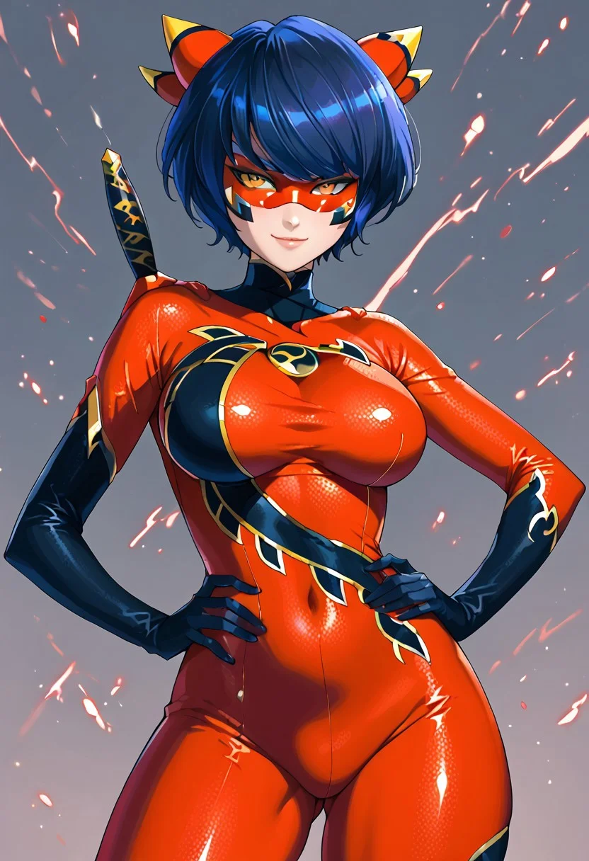 score_9, score_8_up, score_7_up, score_6_up, score_5_up, score_4_up, yaegashi nan, senran kagura, imtdryukag, short hair, mask, bodysuit, domino mask, blue hair, bob cut, elbow gloves, yellow eyes, skin tight., looking at viewer, cowboy shot, mature female, aged up, 25 years old, seductive smile, half lidded eyes, wide hips, looking at viewer, large breasts, wide hips, thick thighs, hand on hip