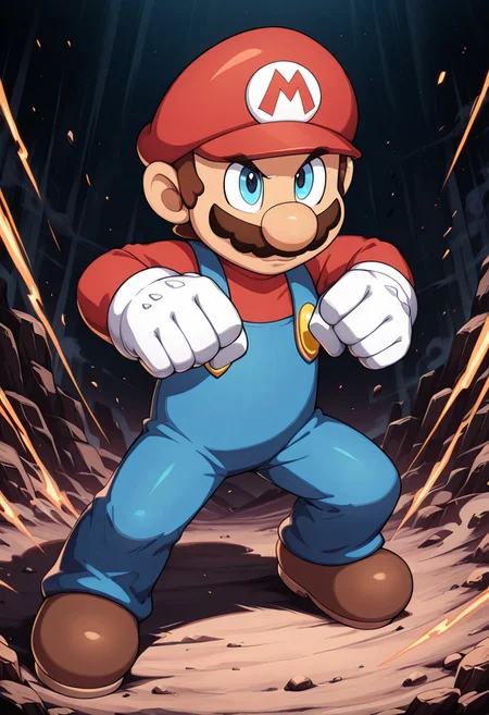 masterpiece, best quality, amazing quality, very aesthetic, absurdres, newest,shiny skin,, anime screenshot, xdive, anime coloring, black background, ITMario,cartoon-style,red hat,red long-sleeved shirt, blue overalls, moustache, round nose, brown shoes, white gloves, yellow buttons, brown hair, blue eyes, full body, Fighting pose,