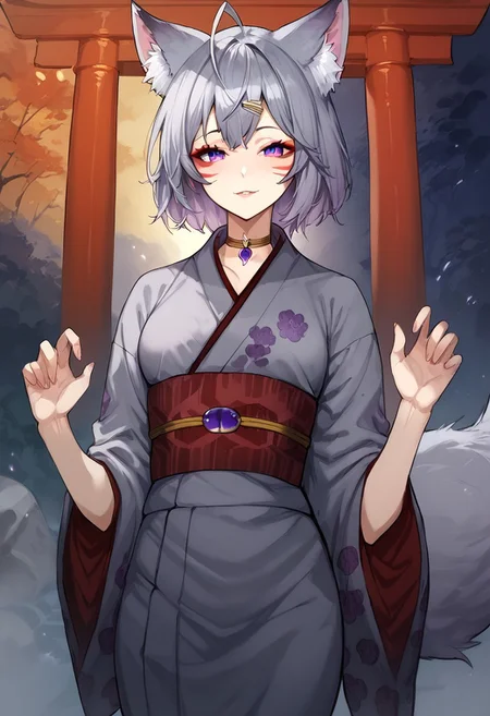 score_9, score_8_up, score_7_up, FlipsieVT, 1girl,fox girl, animal ears, virtual youtuber,fox tail,animal ear fluff,animal ears, fox ears, short hair, grey hair, purple eyes, hair ornament,facial mark,japanese clothes, kimono, sash,obi,torii,[e621] Yasmil style