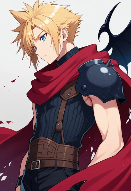 masterpiece,best quality,amazing quality, source_anime,
SoutouKumo, 1boy, male focus, solo, blue eyes, blonde hair, spiked hair, shoulder armor, red cape, torn cape, single wing, sleeveless turtleneck,