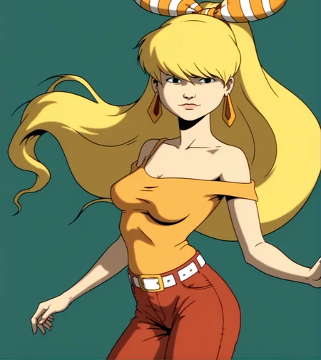 score_9, score_8_up, score_7_up,
1girl, solo, JulieWinters,
red pants, orange shirt, white belt, earrings, hair bow,
medium breasts, green background,
cartoon, source_cartoon, 1990s_(style)
<lora:Julie_Winters:1>