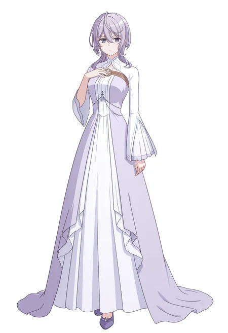 <lora:Philia Adenauer_illustrious-000046:1>,
Philia ADENAUER,solo,full body,dress,white background,looking at viewer,simple background,long sleeves,standing,white dress,hand on own chest,purple footwear,long dress,wide sleeves,purple dress,shoes,1girl,solo