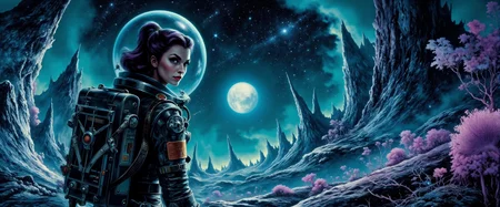 a female galactic explorer in a retrofuturistic astronaut suit is surveying a primordial distant world teeming with life and wonders, the focus is on the alien environment, bioluminescent flora glowing softly in vibrant hues of teal, purple, and cyan, massive, towering plants with translucent leaves reach into the night sky, casting an ethereal glow across the landscape, strange, otherworldly fungi emit a faint luminescence from the forest floor, delicate glowing spores float gently in the air, illuminating the thick, misty atmosphere, jagged alien rock formations rise in the distance, bathed in the soft glow of distant twin moons, the explorer, wearing a sleek spacesuit with a symmetrical elegant futuristic jetpack, looks over her shoulder, seemingly waiting for the viewer to follow, her silhouette partially illuminated by the ambient light of the flora, her figure dwarfed by the grandeur of the surreal landscape, mysterious bizarre extraterrestrial creatures watch from the shadows, the air is thick with an ancient, untouched magic, as if the world itself holds secrets of the universe, james webb space telescope, nebula in the sky, dark corners, <lora:james_webb_space_telescope-flux-by_motimalu:0.28> <lora:style-adventure_comic_book-flux-by_andreac75:0.8> <lora:style-dark_landscapes-flux-by_andreac75:0.36> <lora:image_enhancer-flux-by_dever:0.6>